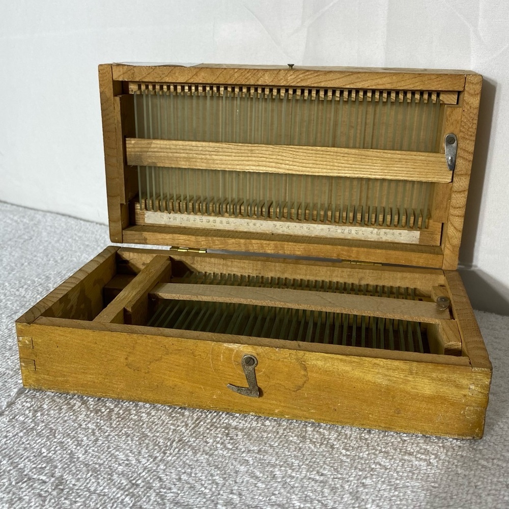Vintage Blank Glass Microscope Slides In Wooden Box